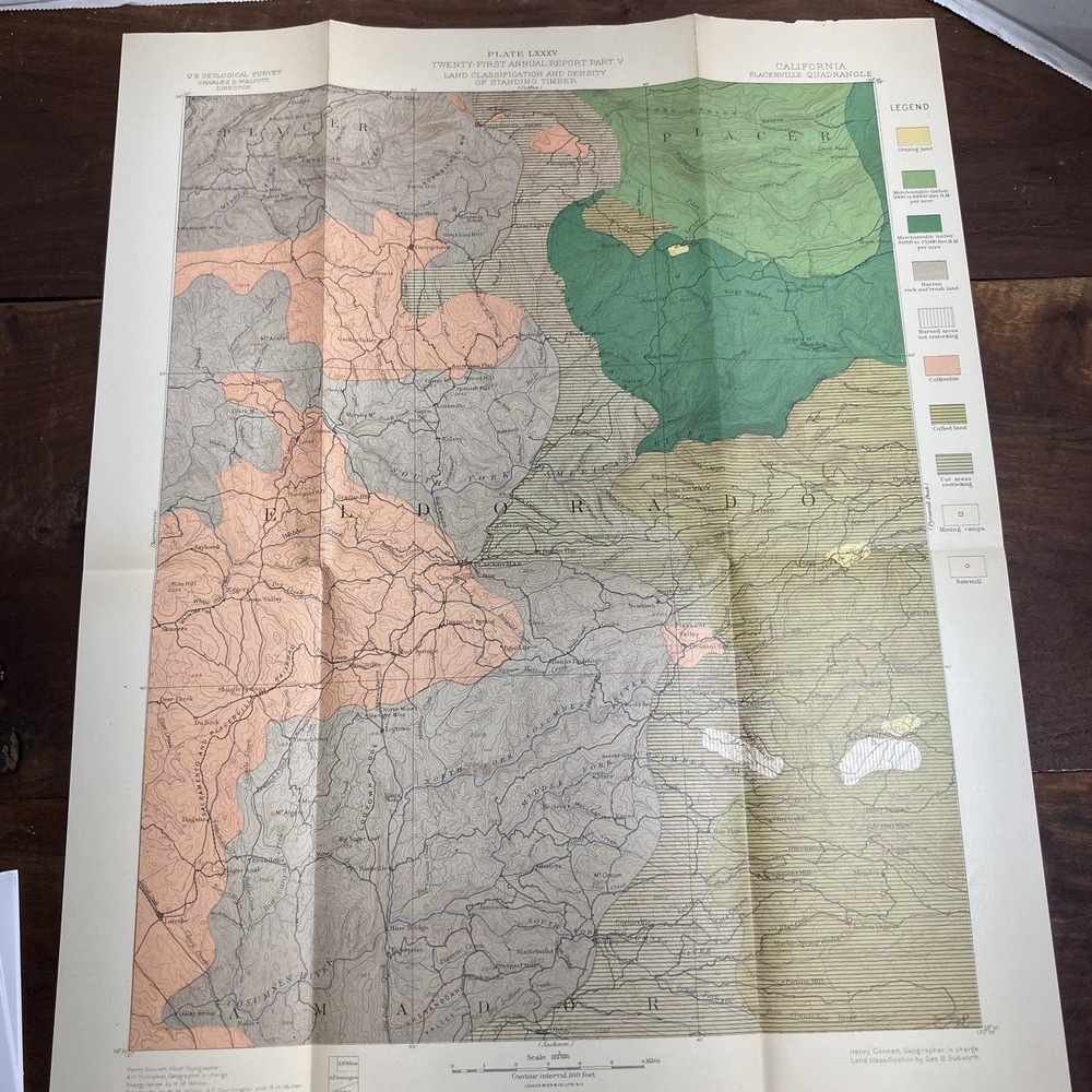 Vintage 1887 Placerville Quadrangle Map California USGS Timber El Dorado Survey